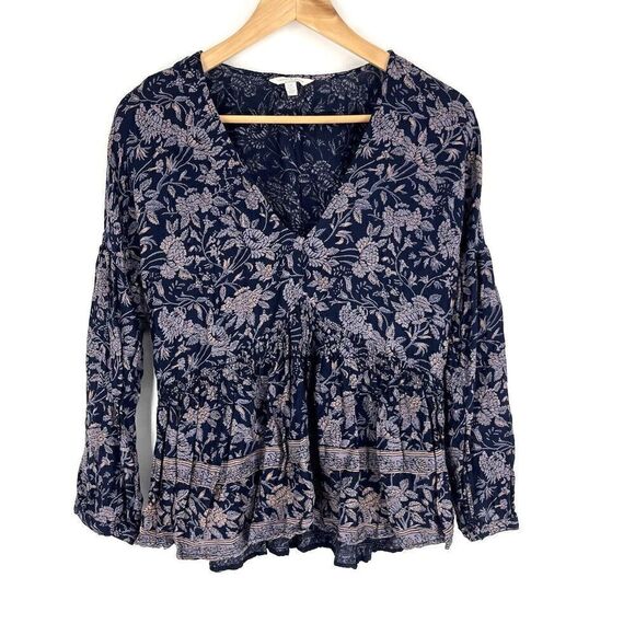 Lucky Brand Top Size Small Womens Navy Peasant Floral Print V Neck Smocked Boho - Picture 1 of 10